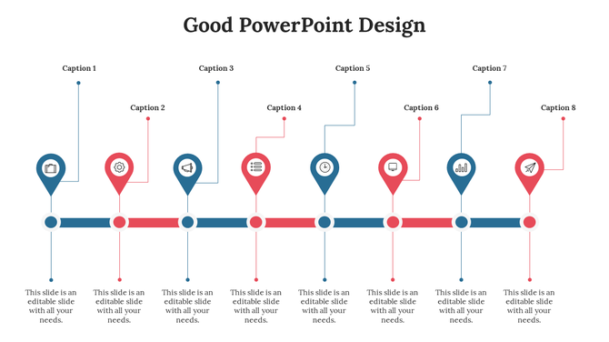 Horizontal good timeline with eight alternating red and blue markers, each featuring icons and  captions areas.