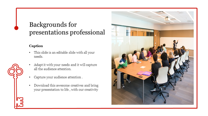 Professional slide showing bullet points and header on left, with a meeting room photo and red design accents on right.
