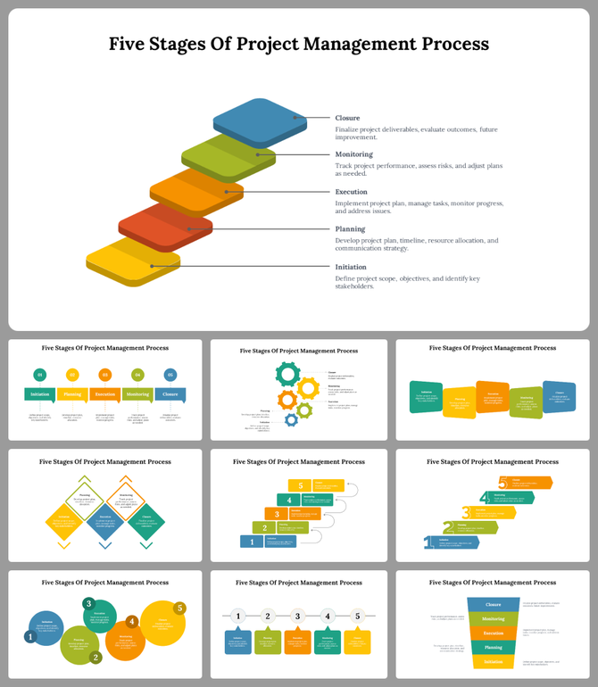 A pack of slides illustrating the five stages of project management with colorful layout designs.