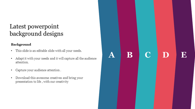 Split designs slide featuring content on the left and five wavy vertical bands in bold colors labeled A to E on the right.
