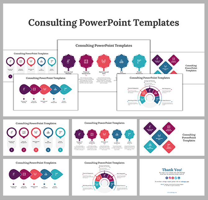 Slide deck with multicolored geometric shapes, circular diagrams, and text boxes detailing consulting strategies.