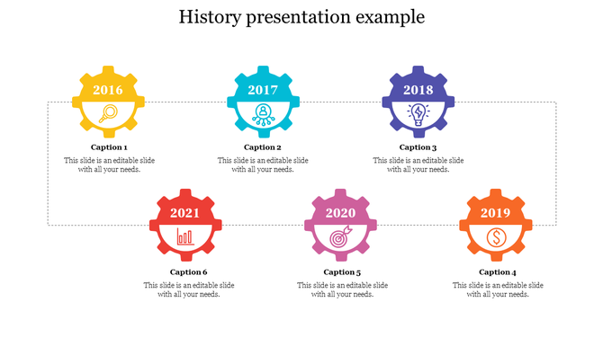 History slide with six cogwheel icons in yellow, blue, purple, orange, pink, and red, each labeled with years 2016 to 2021.