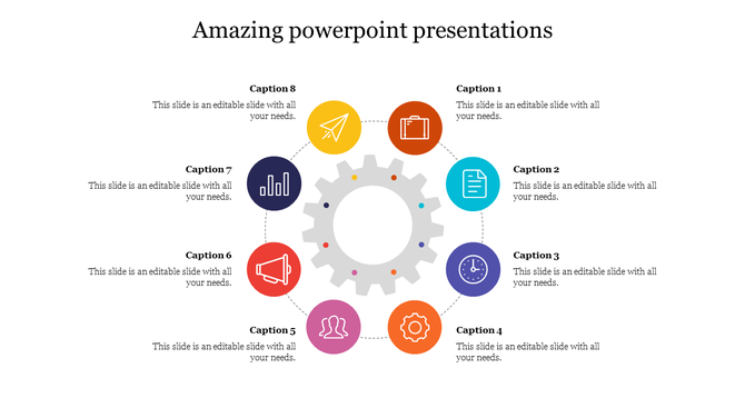 Amazing PowerPoint slide featuring a gear in the center surrounded by eight colorful icons with captions on a white backdrop.