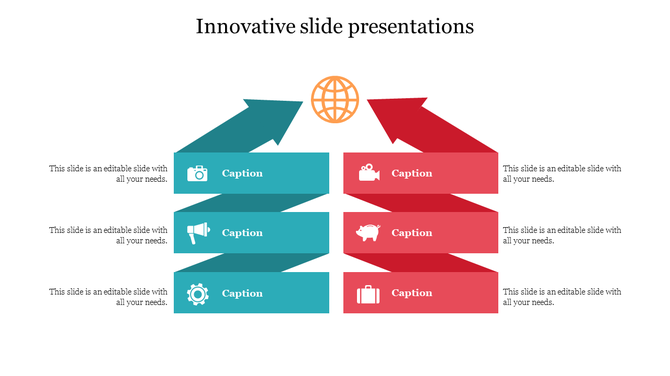 Innovative slide infographic with six labeled blocks in teal and red, arranged in pairs beside a central globe symbol.