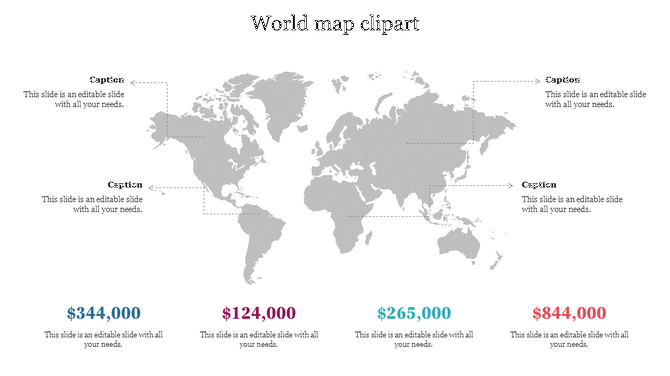World map clipart with four text captions around the map, displaying various financial figures in different colors below.