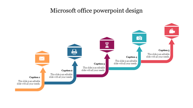 PowerPoint design showing five steps with icons for email, printing, time, camera, and video, each with captions.