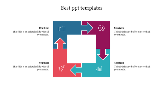 Infographic with four arrows forming a square, each section in red, blue, teal, and orange, with icons inside.