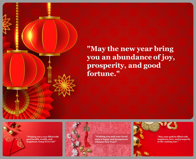 Chinese New Year slide with lanterns, gold ornaments, and four greeting messages about health, happiness, and prosperity.