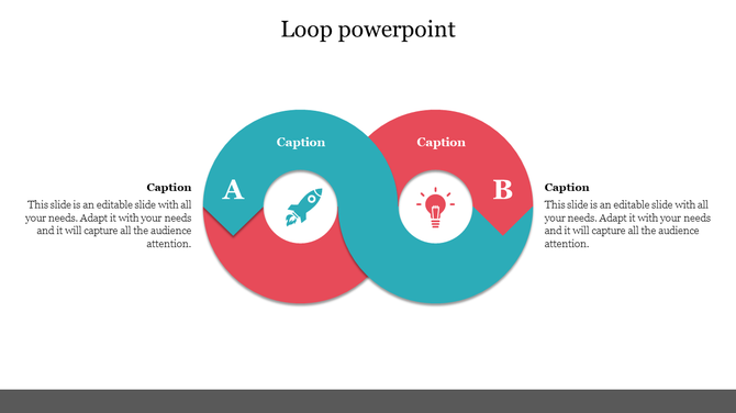 Loop PowerPoint template with two overlapping circles labeled A and B, each containing an icon for innovation and creativity.