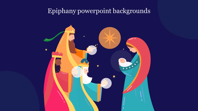 Epiphany PowerPoint background with illustrated wise men and the Holy Family under the bright star on a blue backdrop.