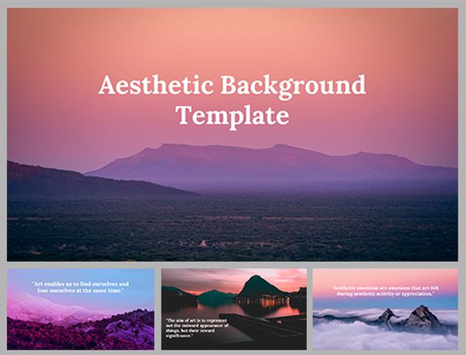 Aesthetic slide set featuring scenic backgrounds with mountains, lakes, and skies in soft pink, blue, and purple tones.