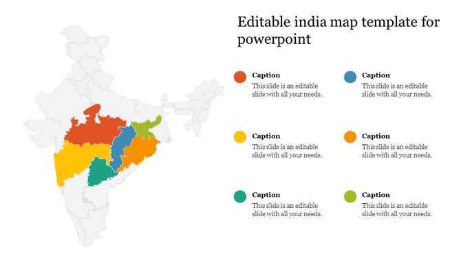 India map slide with highlighted states in different colors, accompanied by captions on the right.