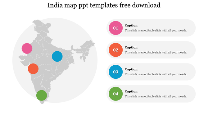 Gray map of India with colorful circular markers in pink, orange, blue, and green linked to numbered captions on the right.