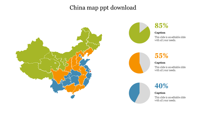 China map illustration showing multiple regional divisions, by percentage breakdown in three pie charts.
