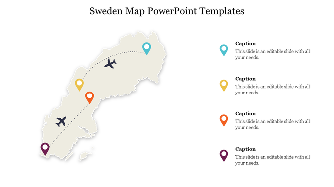Map of Sweden with markers indicating key locations for a PowerPoint template, with icons of airplanes and pins.