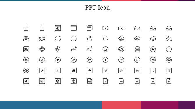 Grid of black outline icons evenly spaced on a white background, with a colorful border of blue, red, and purple.