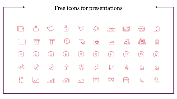 Grid of red line icons on finance and business, including currency, charts, banking, and communication symbols.