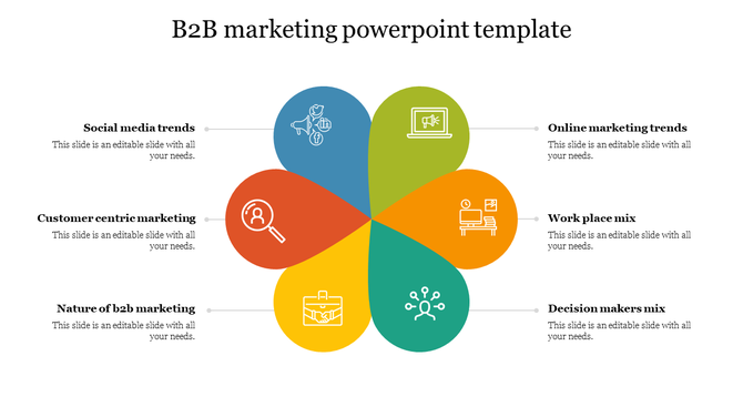 Six petal infographic in distinct colors each with a white icon and connected caption for B2B marketing elements.