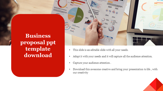 Business proposal slide with red text box on left, data chart in hand on right, and bullet points beside a laptop screen.