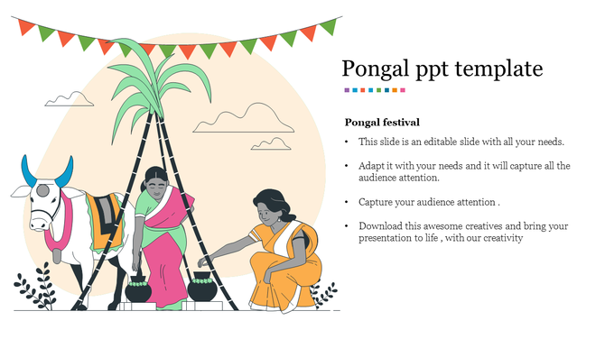 Beige slide featuring a Pongal celebration with a decorated cow, palm trees, colorful flags, and two women near cooking pots.