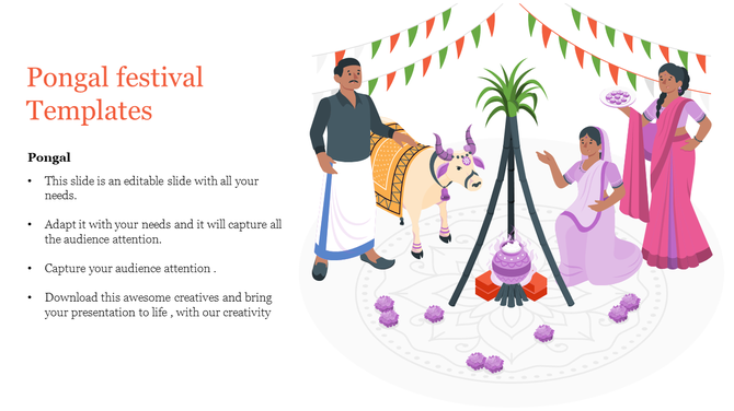 Colorful depiction of a Pongal celebration with a decorated cow, sugarcane, and a festive cooking setup.