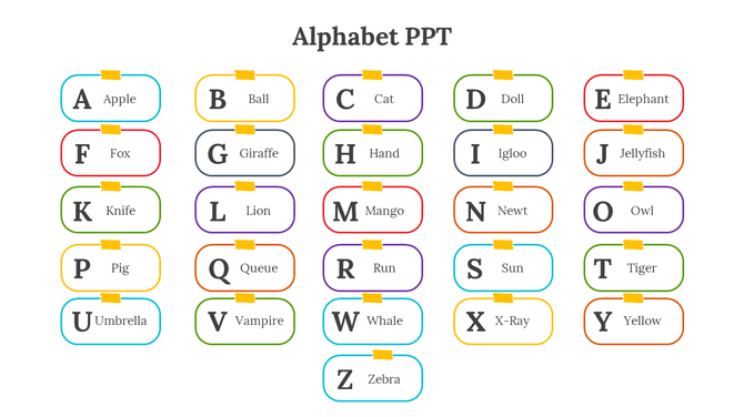 Alphabet template with colorful yellow boxes for each letter, containing the letter and a word in box layout.