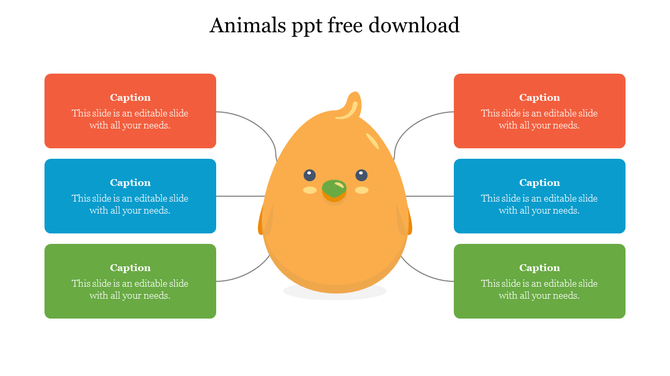 Central chick character linked to six color-coded captions in rectangular boxes placed in a whoite background.