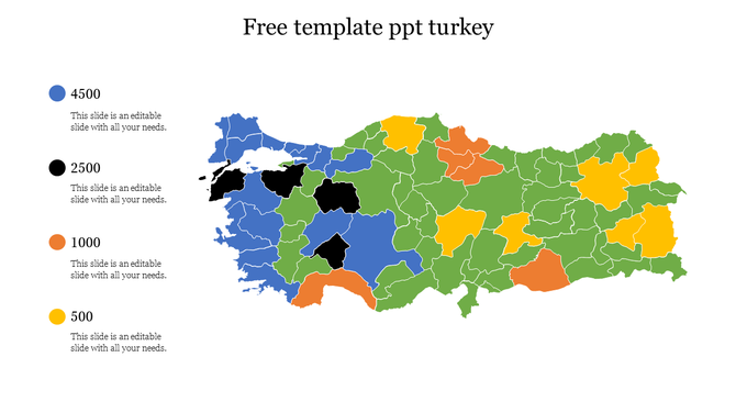 Map of Turkey with regions in blue, black, green, orange, and yellow, indicating various data values on the left.