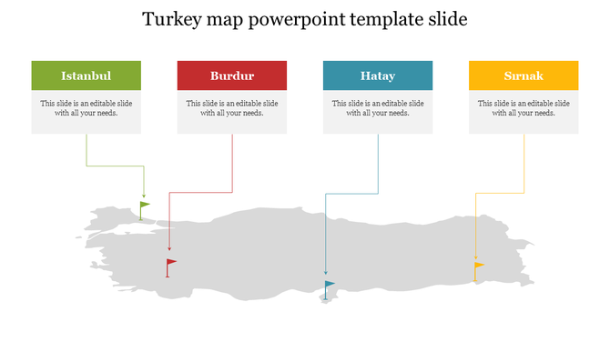 Turkey map PowerPoint slide with locations labeled Istanbul, Burdur, Hatay, and Sirnak, featuring colored boxes and flags.