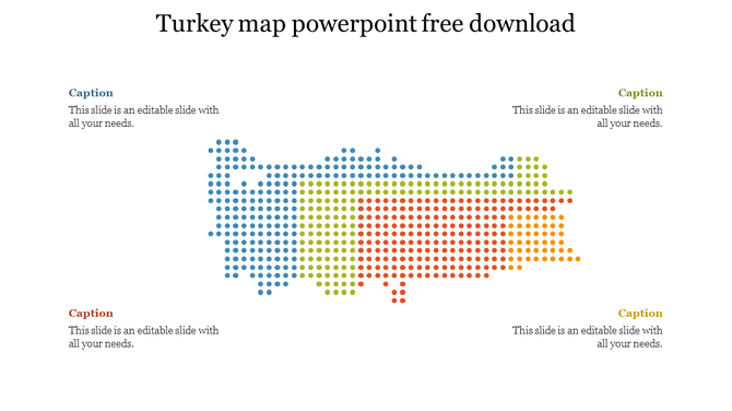 Colorful Turkey map made of gradient dots, divided into four zones with text boxes in each corner for custom region details.