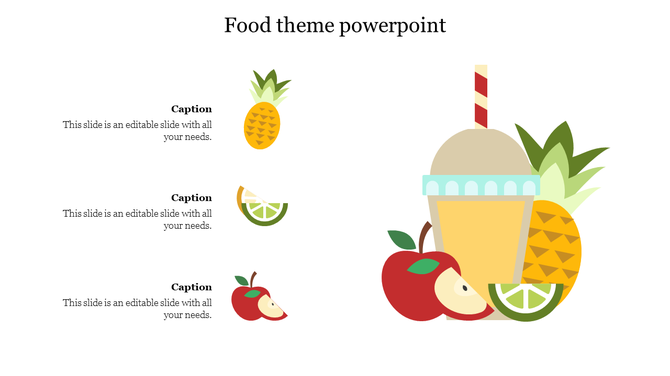 Bright food themed layout with a smoothie and assorted fruits, and pineapple, lime, and apple icons next to captions.