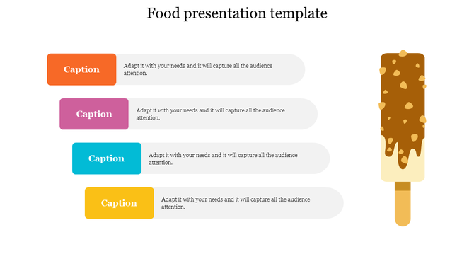 Food PPT presentation with vibrant captions and an illustration of a chocolate covered ice cream bar on a white backdrop.