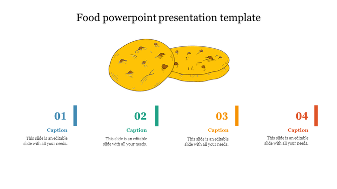 Food PowerPoint template with vibrant captions and a playful illustration of chocolate chip cookies on a white backdrop.