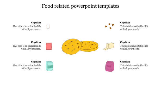 Food themed layout with illustration of cookies in the center, surrounded by six baking ingredients with icons ans captions.