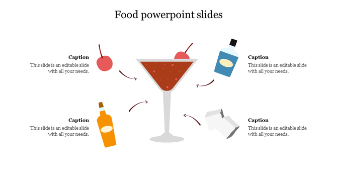 Food and drink themed slide showing a martini glass, with cherries, liquor bottles, and ice cubes arranged around it.