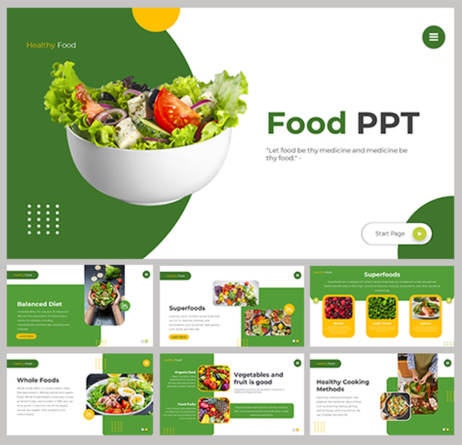 Colorful PowerPoint slides layout about healthy food, including balanced diet and superfoods.