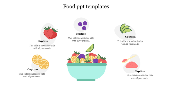 Food template with a large bowl of fruit in the center and icons of fruits like lemon, berry, kiwi, and jam surrounding it.