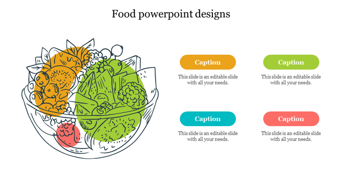 Food PowerPoint template featuring a salad bowl with colorful vegetables and fruit with captions on a white backdrop.