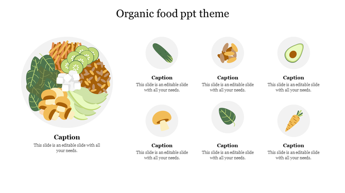 Organic food themed slide displaying a plate of mixed vegetables in the center and various food icons around it.