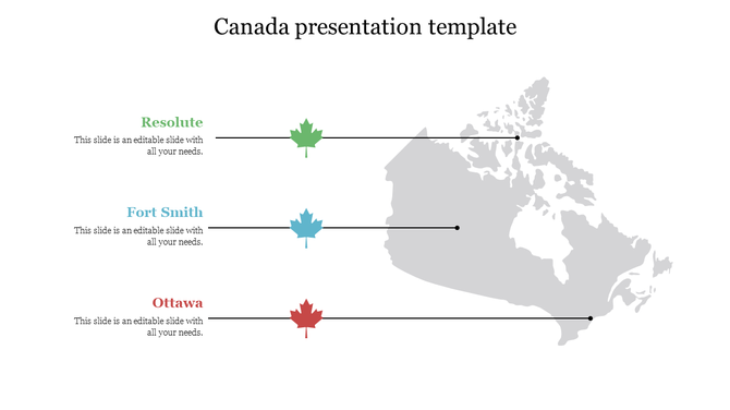 Canada map with pinpoint lines connecting Resolute, Fort Smith, and Ottawa to colored maple leaf icons and side captions.