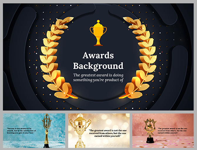 A pack of elegant slides featuring an awards background theme with a golden trophy and laurel leaves.