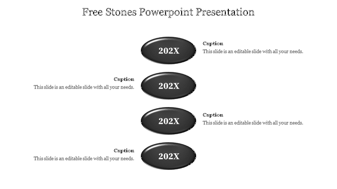Black stones PowerPoint presentation with labeled 202X buttons and captions.