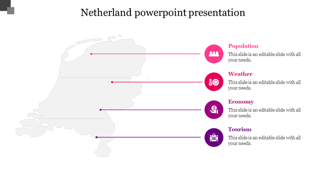 Netherlands map with four color-coded points, each connected to labeled placeholder text areas.