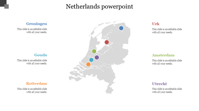 Grayscale Netherlands map with six colored dots in blue, red, green, purple, teal, and orange, linked to text on both sides.