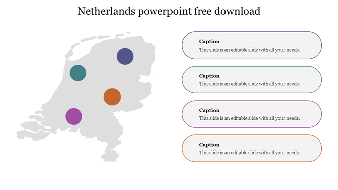 Map of the Netherlands with color-coded regions and four placeholder text areas placed in a white background.