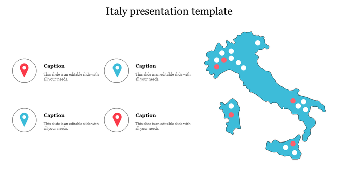 Italy map presentation template with location markers and caption sections for key points.