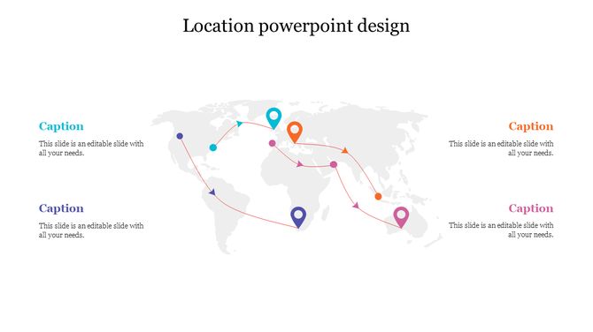 World map graphic with curved arrow paths connecting location pins and dots, with four text captions around the slide.