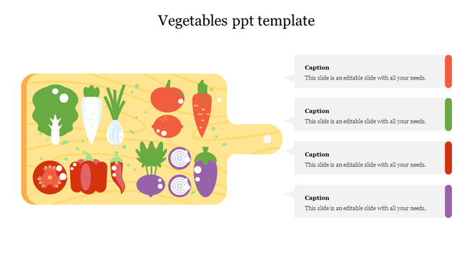 Wooden cutting board illustration with colorful vegetables and caption placeholders on the side.