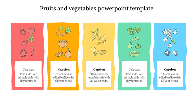 Colorful template showcasing fruits and vegetables, with icons in five vertical sections each placed with caption areas.
