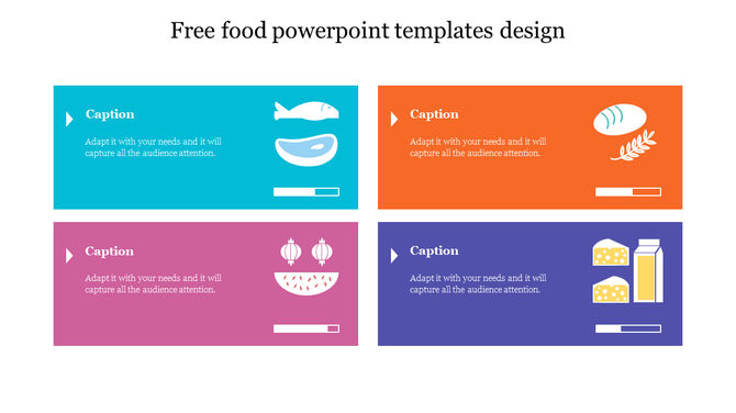 Food themed PPT template featuring fish, bread, vegetables, and cheese icons in a colorful text box on a white backdrop.